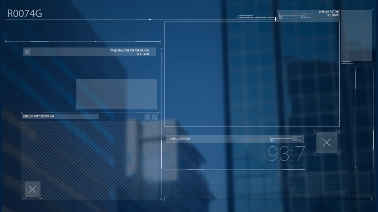 animación de la interfaz con procesamiento de datos frente a la vista de edificios altos.
