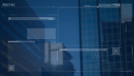 animation of interface with data processing against view of tall buildings