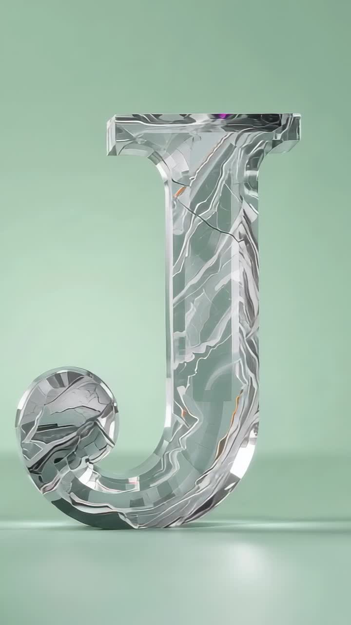 Vertical video: Starting camera dollying upward in mint-green studio, revealing marbled letter J