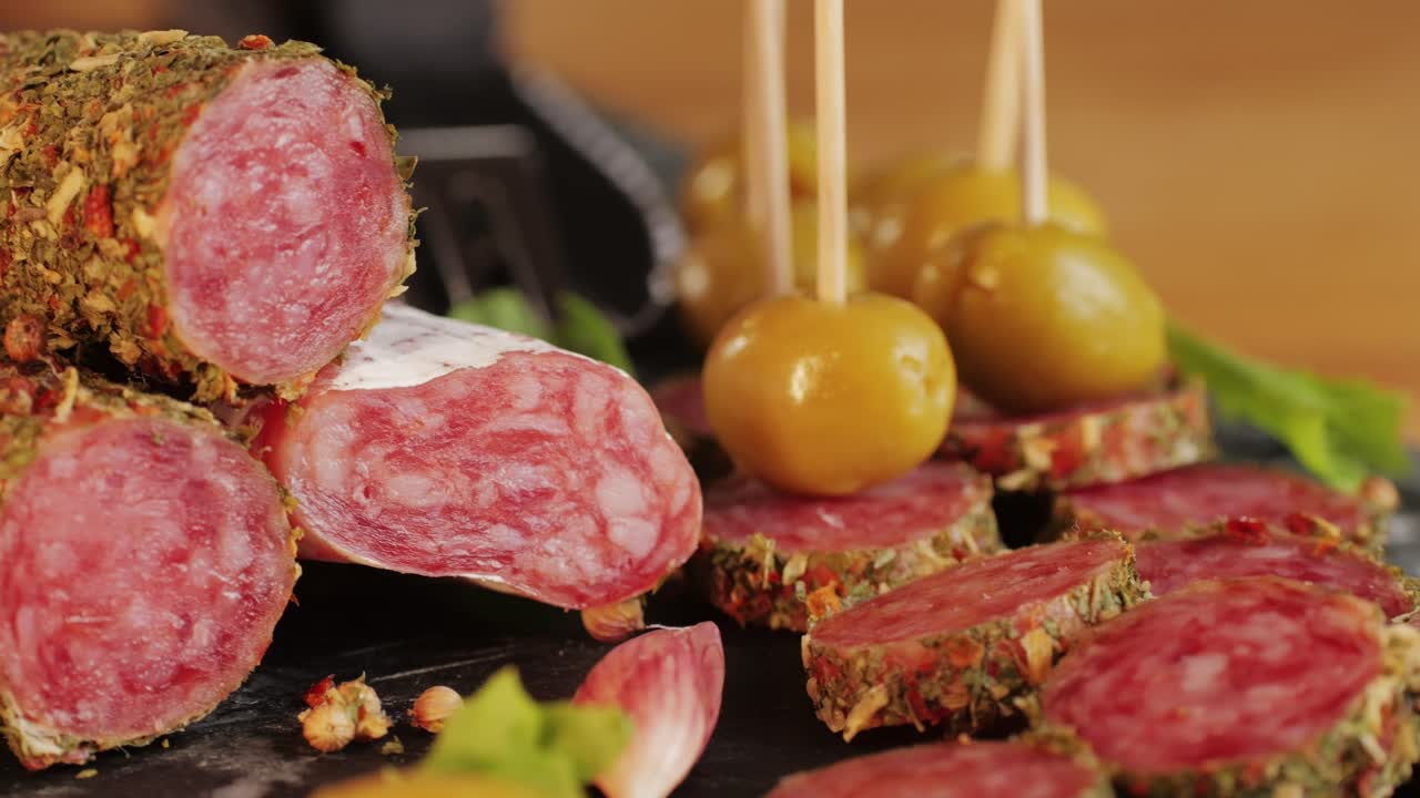Mix of spanish pork sausages, Cutting board of appetizing catalonian snack - fuet, jamon, chorizo, olives, supermarket tapas food in spain, traditional cuisine.