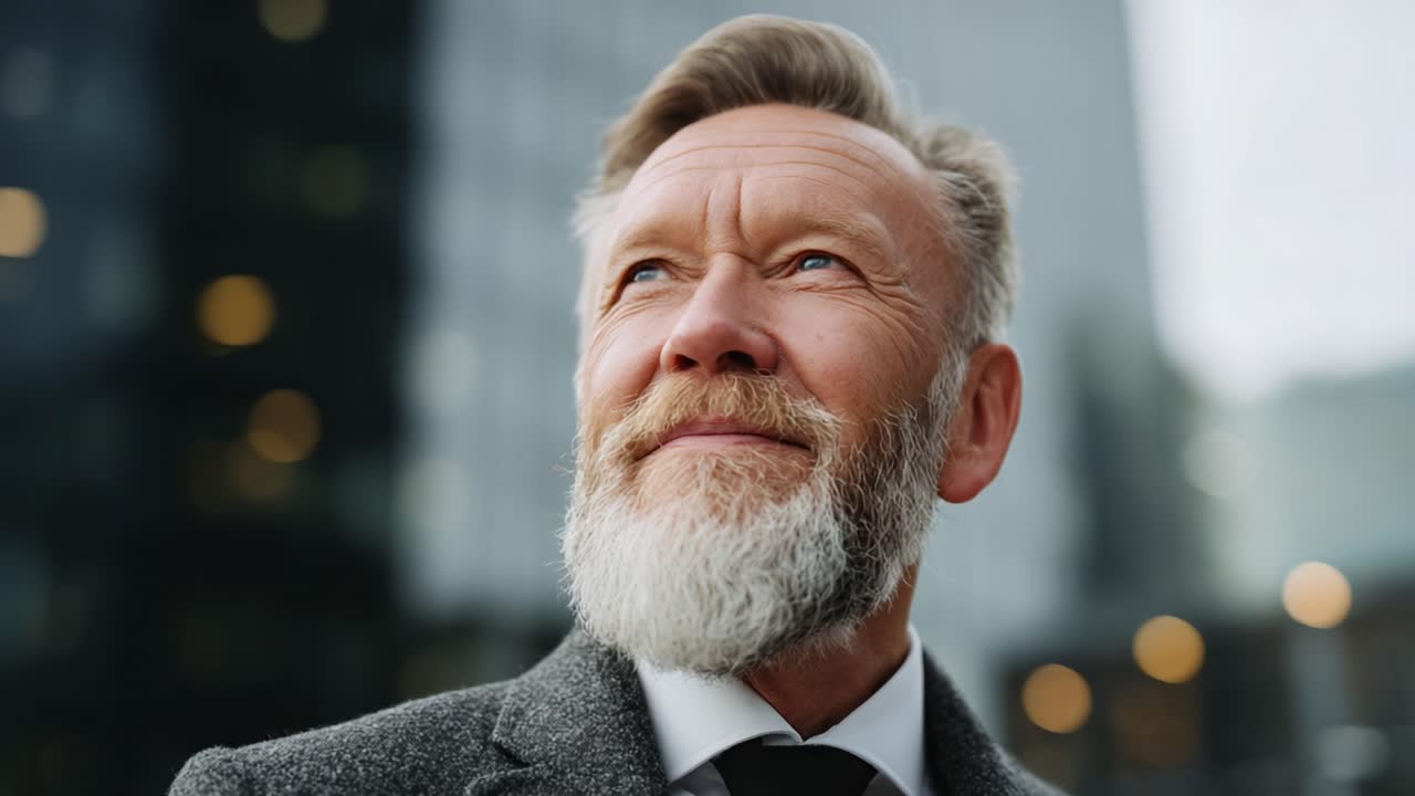 A Confident Elderly Man with a Salt-and-Pepper Beard Looks Optimistically Towards the Future in a Business Setting, Showcasing Wisdom and Experience
