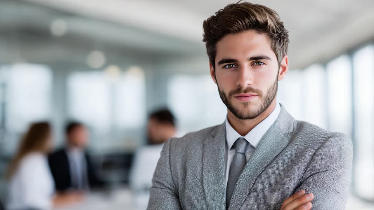 Professional and Confident Young Businessman in a Modern Office Setting, Embodying Focus and Determination in a Corporate Environment