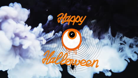 Animación-De-Texto-Y-Ojo-De-Feliz-Halloween-Sobre-Fondo-Blanco-Y-Negro