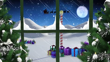 Animation-of-winter-christmas-scene-with-santa-sleigh-seen-through-window