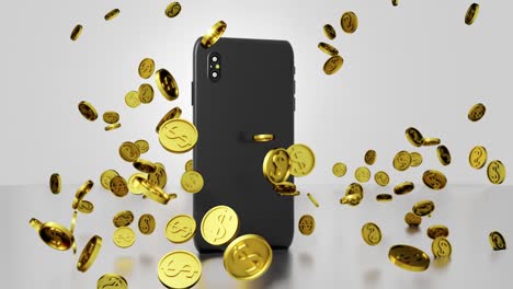 bucle sin costuras 3d render compras en línea teléfono inteligente y monedas de dólar de oro cayendo y rebotando en el suelo con visualización digital abstracta en la pantalla