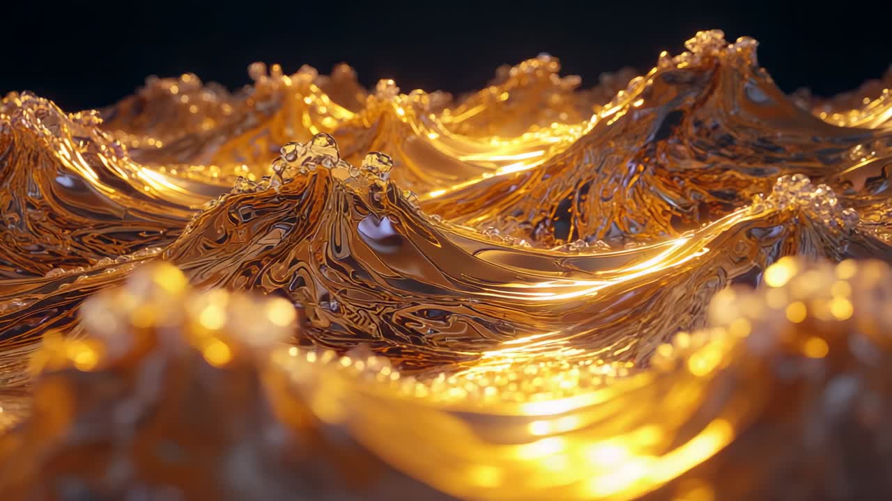 Responding to unseen force, golden liquid surface undulating and folding in abstract studio scene