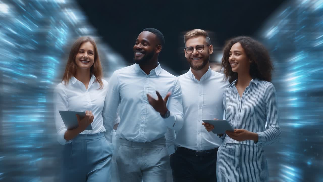 A group of professional individuals exuding confidence and collaboration, captured in a dynamic setting, showcasing teamwork and innovation in a futuristic environment