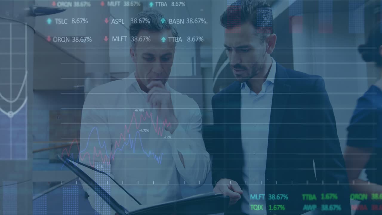 Animation of financial data processing against two diverse businessmen discussing at office