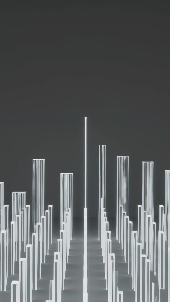 Vertical video: Pulsing central beam driving side columns shifting height, glow and depth in studio