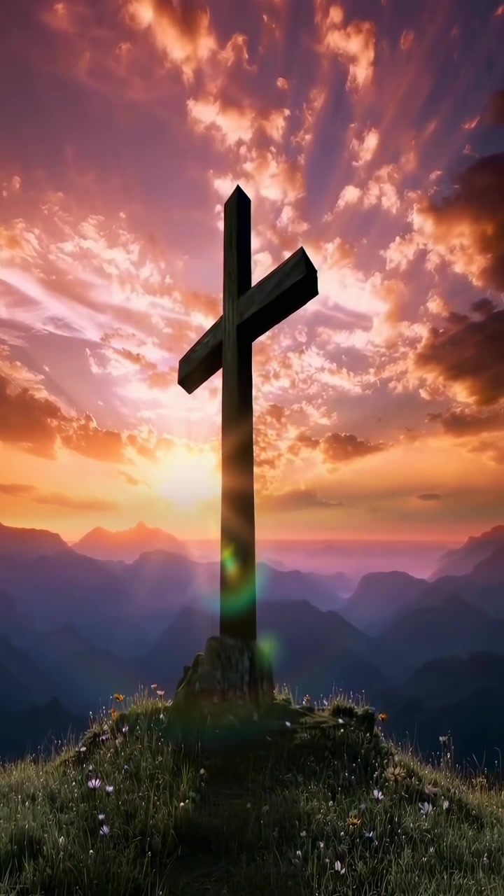 Croce cristiana su una collina al tramonto