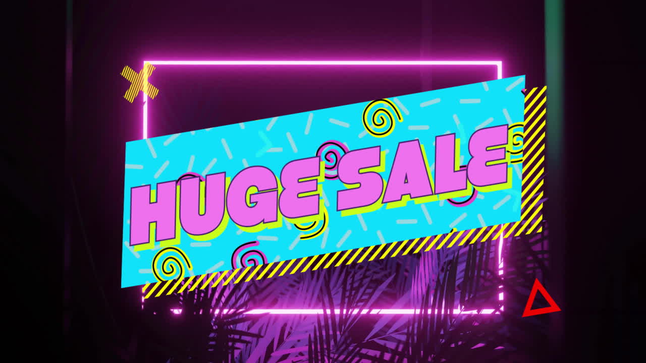 네온 프레임과 열대 잎 배경 위에 거대한 판매 텍스트 애니메이션