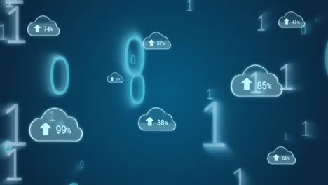 animación de iconos de nubes y procesamiento de datos sobre un fondo oscuro