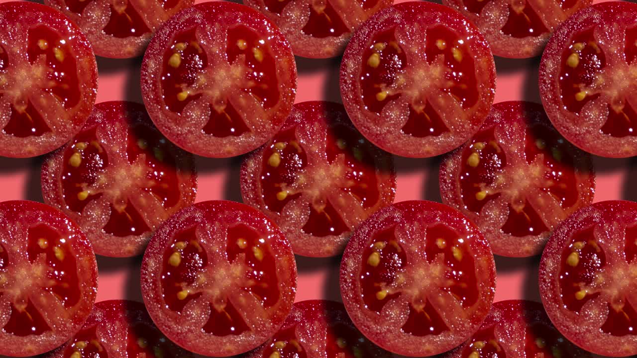 To lag tomatskiver i geometrisk mønster på en koralfarvet baggrund. Sømløs loop motion graphic madkoncept animation.