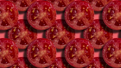 two layers of tomato slices in geometric pattern on a coral background. seamless loop motion graphic food concept animation