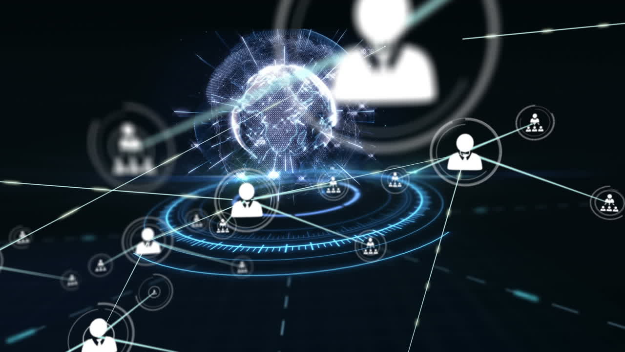 검은색 배경의 둥근 스캐너 위에 회전하는 지구에 대한 프로필 아이콘의 네트워크