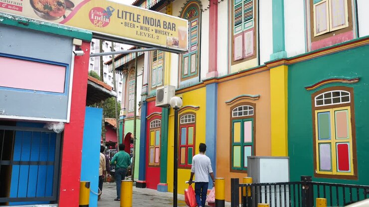Colorful Buildings and Street Scene in Little India, Singapore