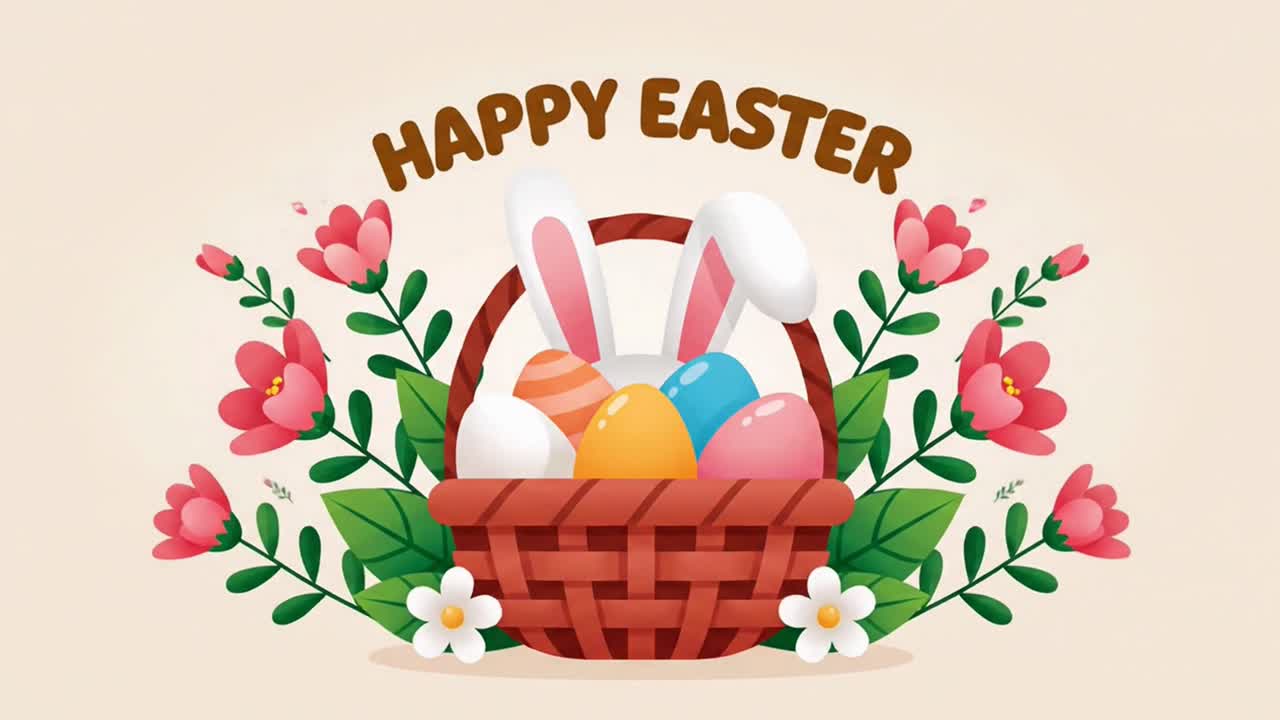 Animated happy easter greeting card with bunny and eggs