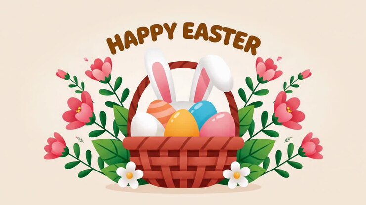 Animated happy easter greeting card with bunny and eggs