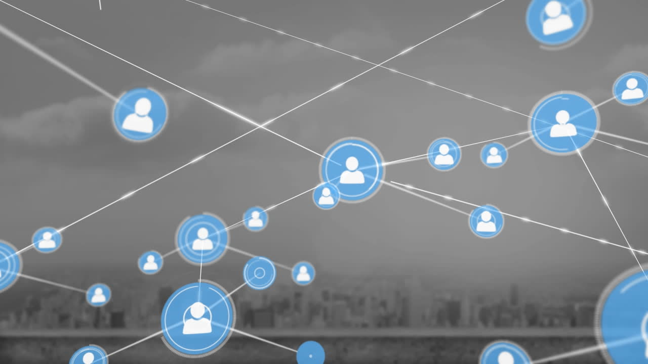 animación de una red de iconos de perfil frente a una vista aérea del paisaje urbano