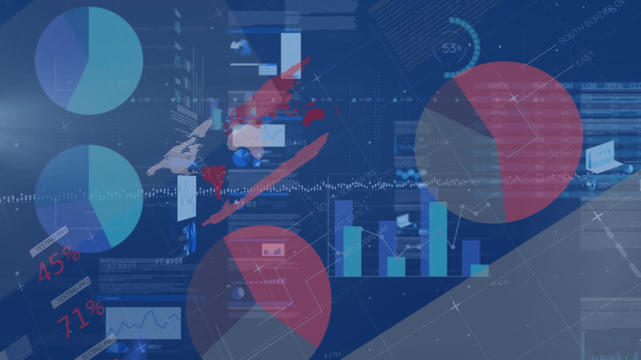 Animation of financial data processing and statistics over blue background