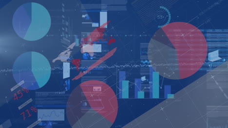 animation of financial data processing and statistics over blue background