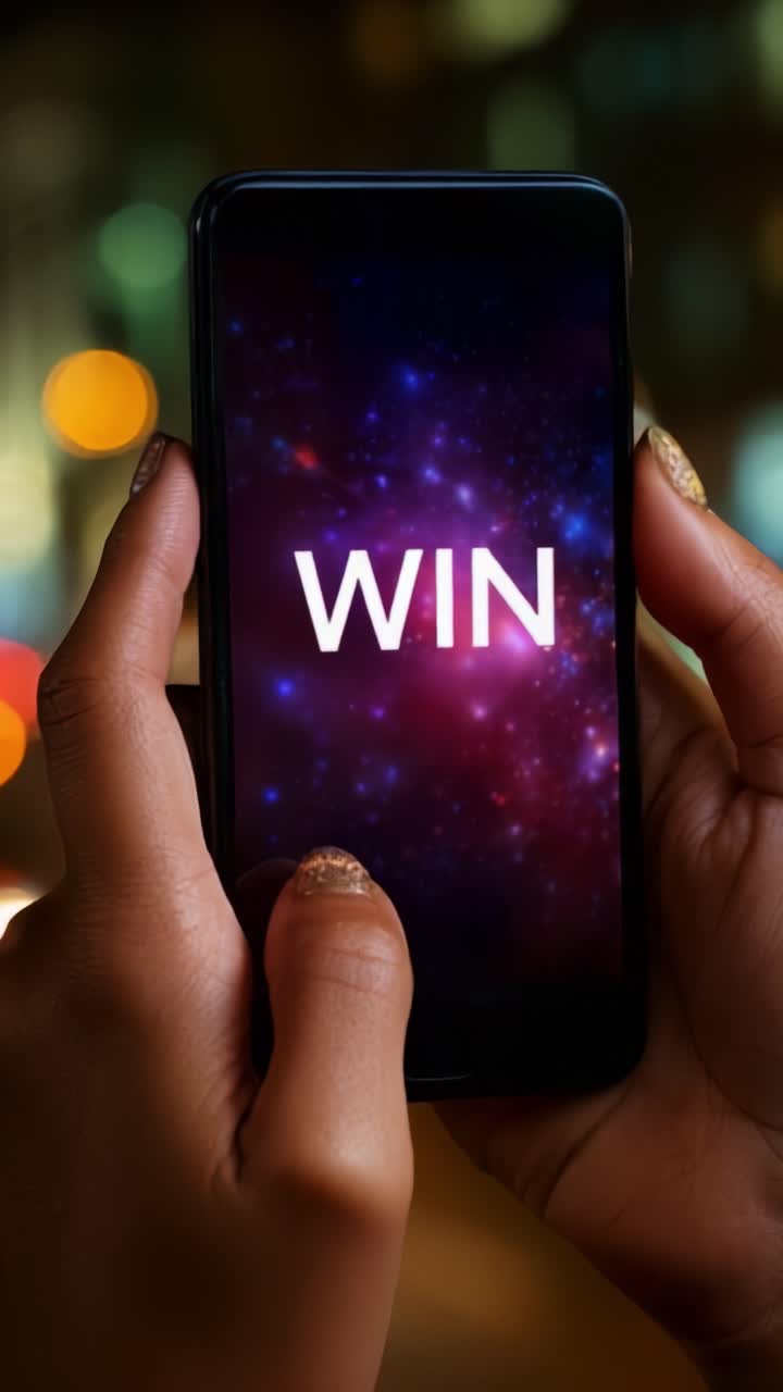 A close-up view of hands holding a smartphone displaying the word 'WIN' against a colorful galaxy background, symbolizing victory and success in a digital age