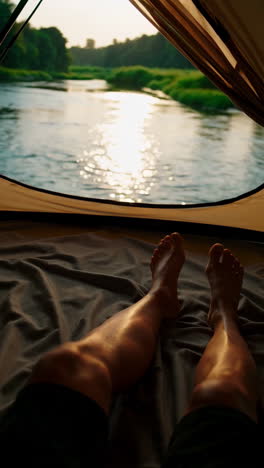 relaxing tent view of a river at sunrise or sunset