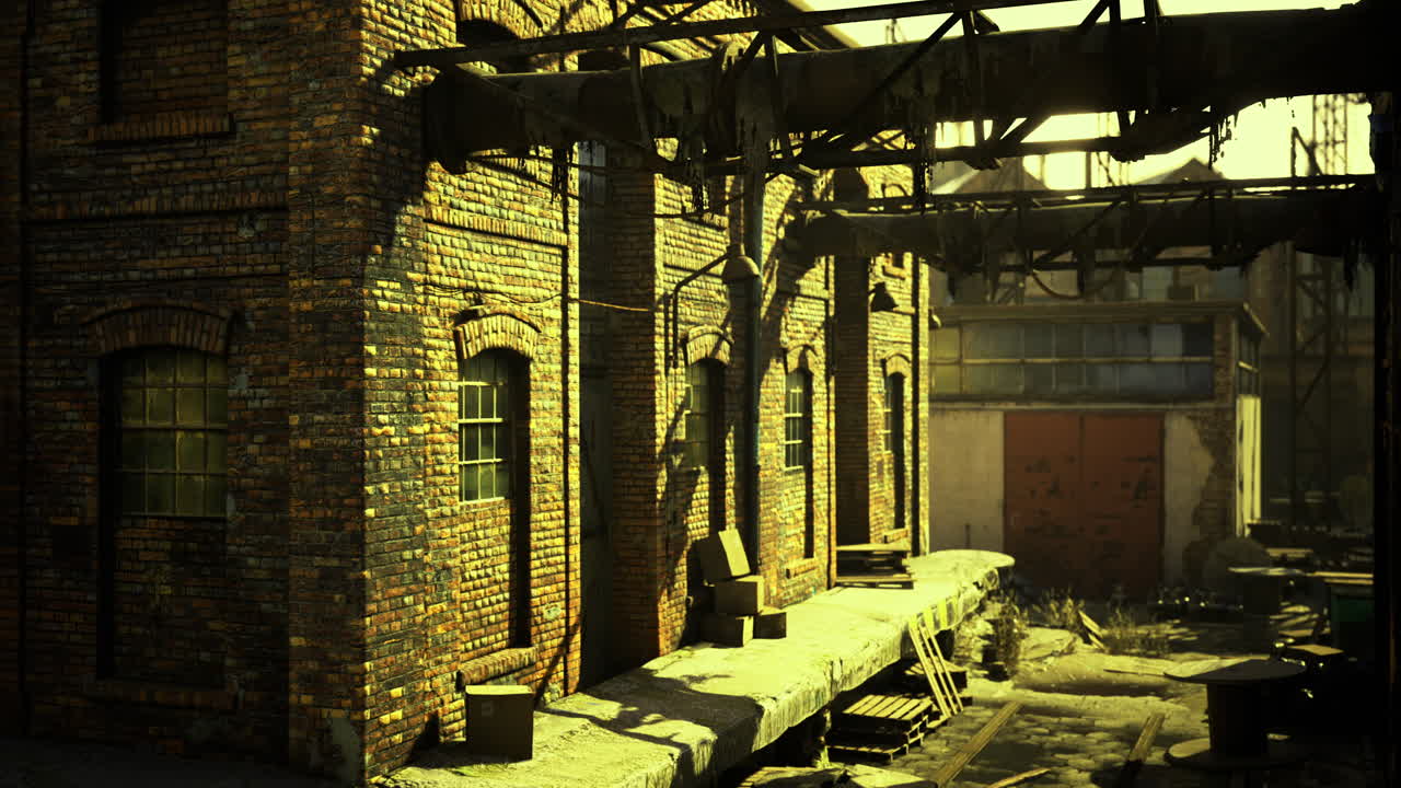 초록색 식물과 희미해지는 빛으로 버려진 산업 건물