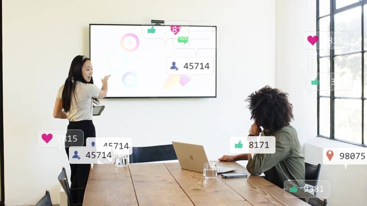 Presenter tapping tablet and pointing marketing chart creating floating social alerts showing ROI