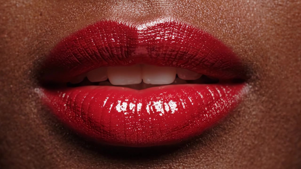A Stunning Close-Up of Glossy Red Lips, Highlighting the Beautiful Gloss and Color Detail with a Smooth Texture Against a Rich Skin Tone for a Striking Visual Appeal