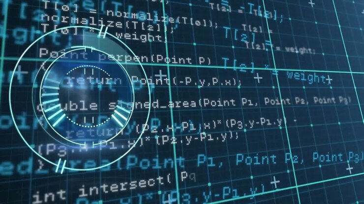 Animation of loading circles over grid pattern against computer language on abstract background