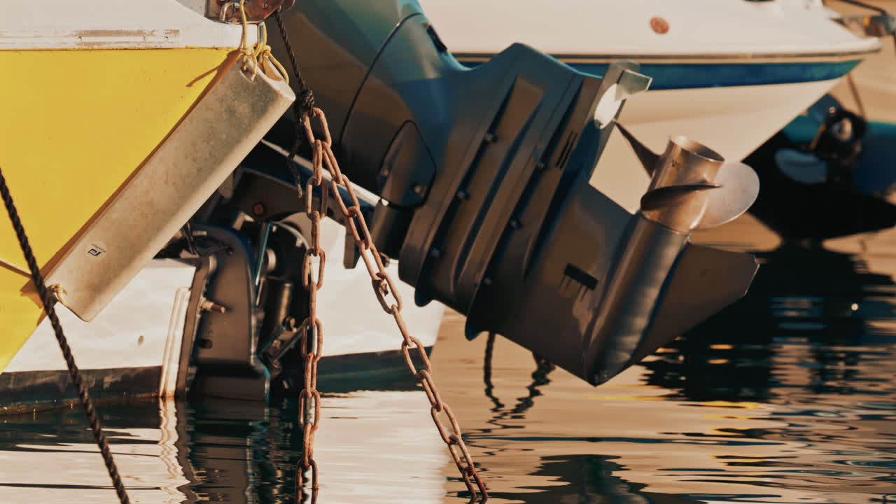 Detailed close up of a boat engine propeller partially lifted above the water in a marina