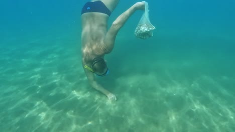 vista submarina dividida del hombre buceando con máscara y snorkel en el fondo marino mientras sostiene una bolsa para pescar almejas y muestra almejas en agua de mar cristalina