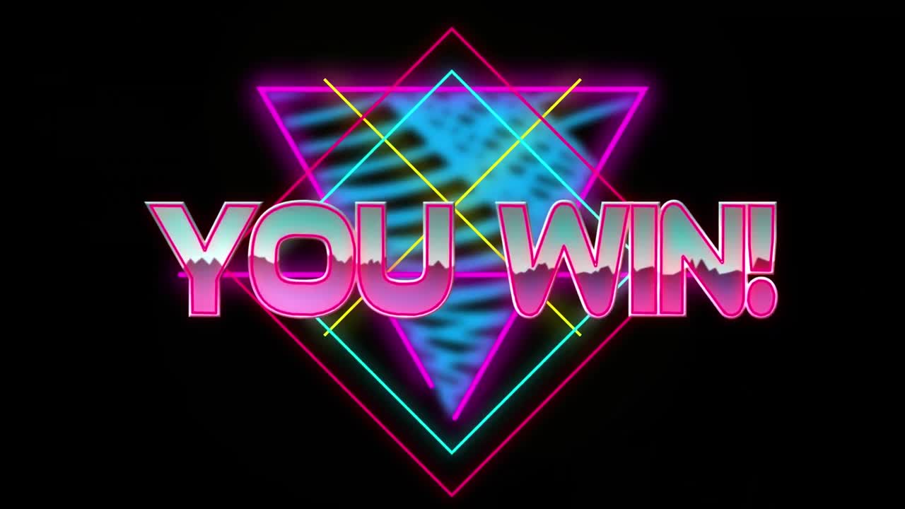 animación de usted ganar texto en rosa metálico, sobre líneas de neón en negro