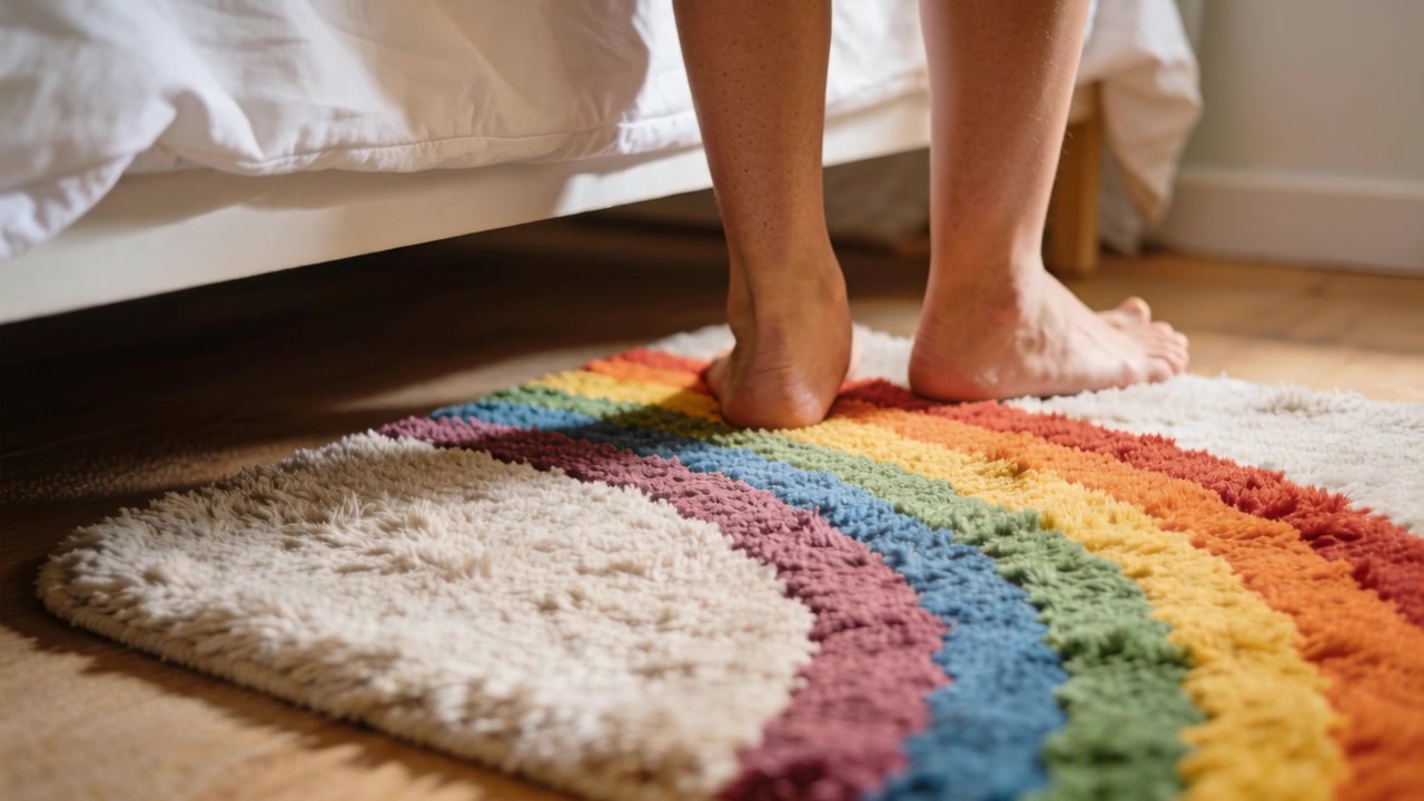 Levantando las piernas, con los pies moviéndose sobre una alfombra de pelo largo arcoíris en un dormitorio, con ropa de cama blanca.