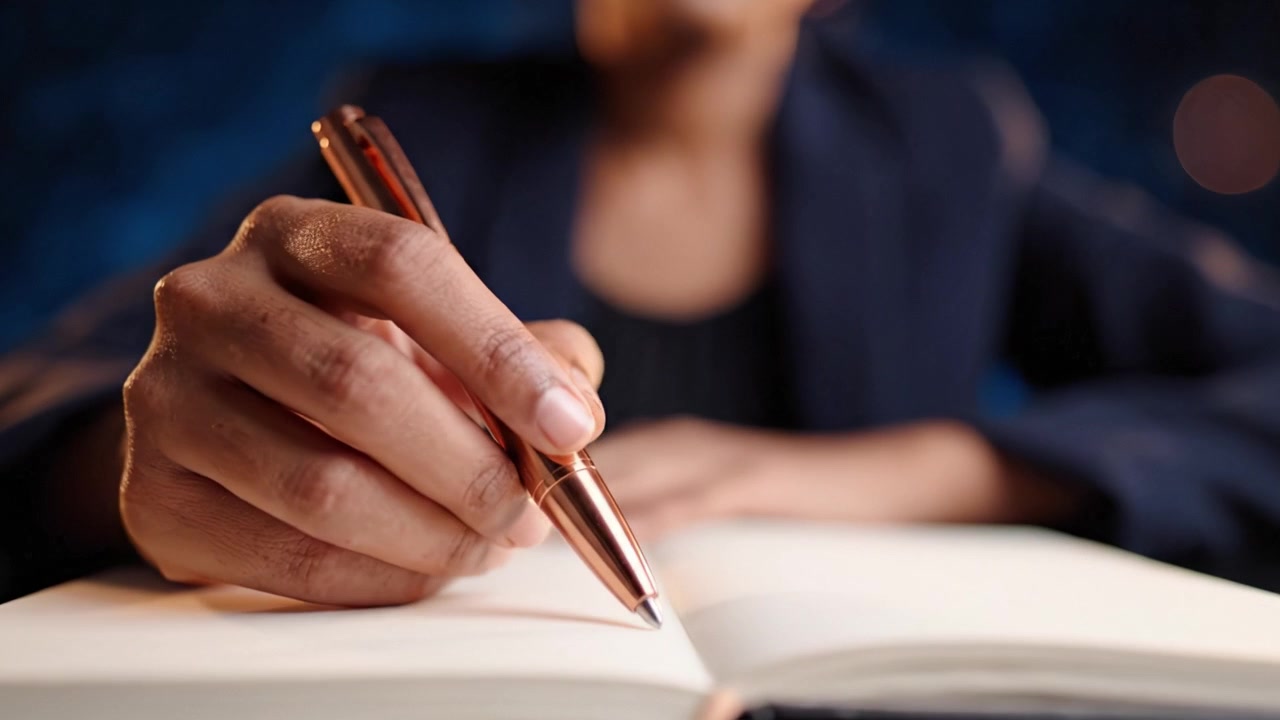 A focused individual takes notes in a blank notebook, illustrating the essence of concentration, creativity, and the power of written expression in a serene setting.