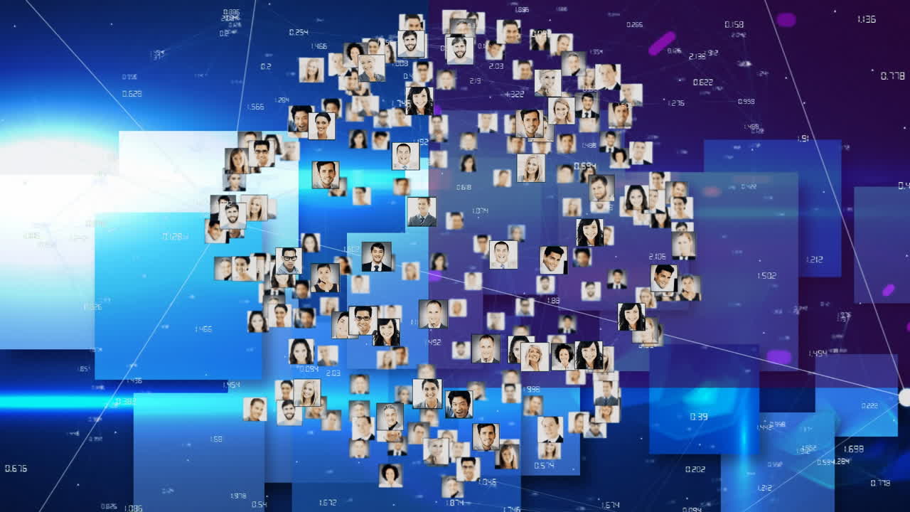 globo de iconos de perfil girando contra el diseño de forma cuadrada sobre fondo azul