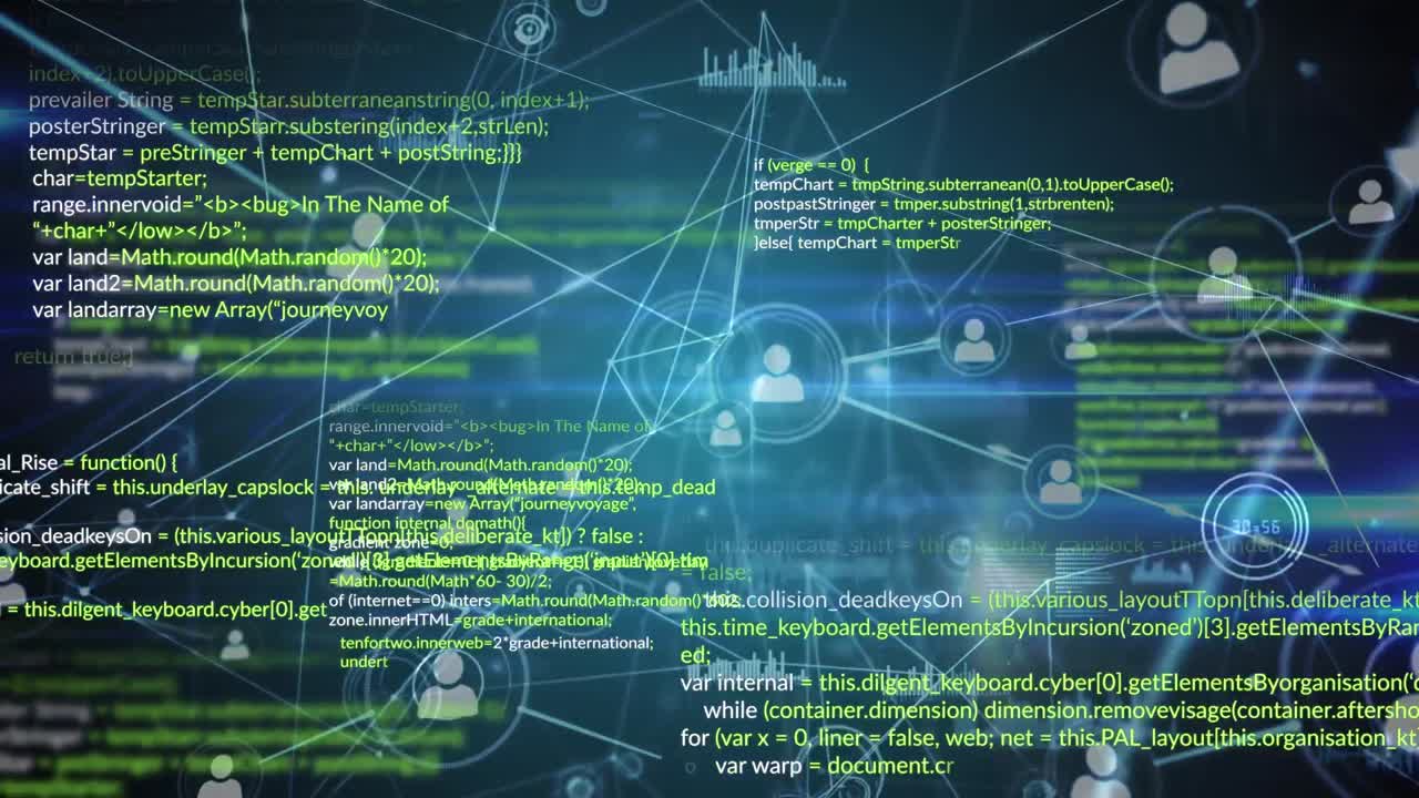 Animation of network of connections over data processing on black background