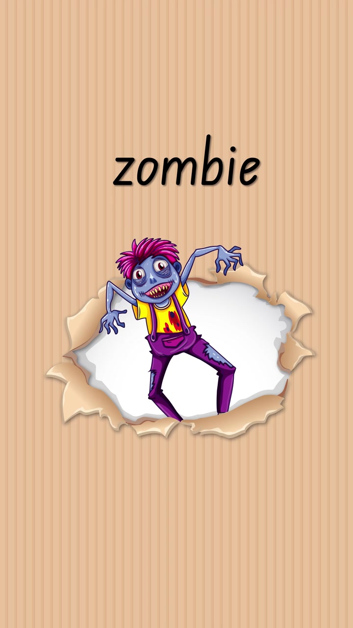 Vídeo educativo animado ensina a letra Z usando um zumbi de desenho animado em um fundo de papelão vertical.