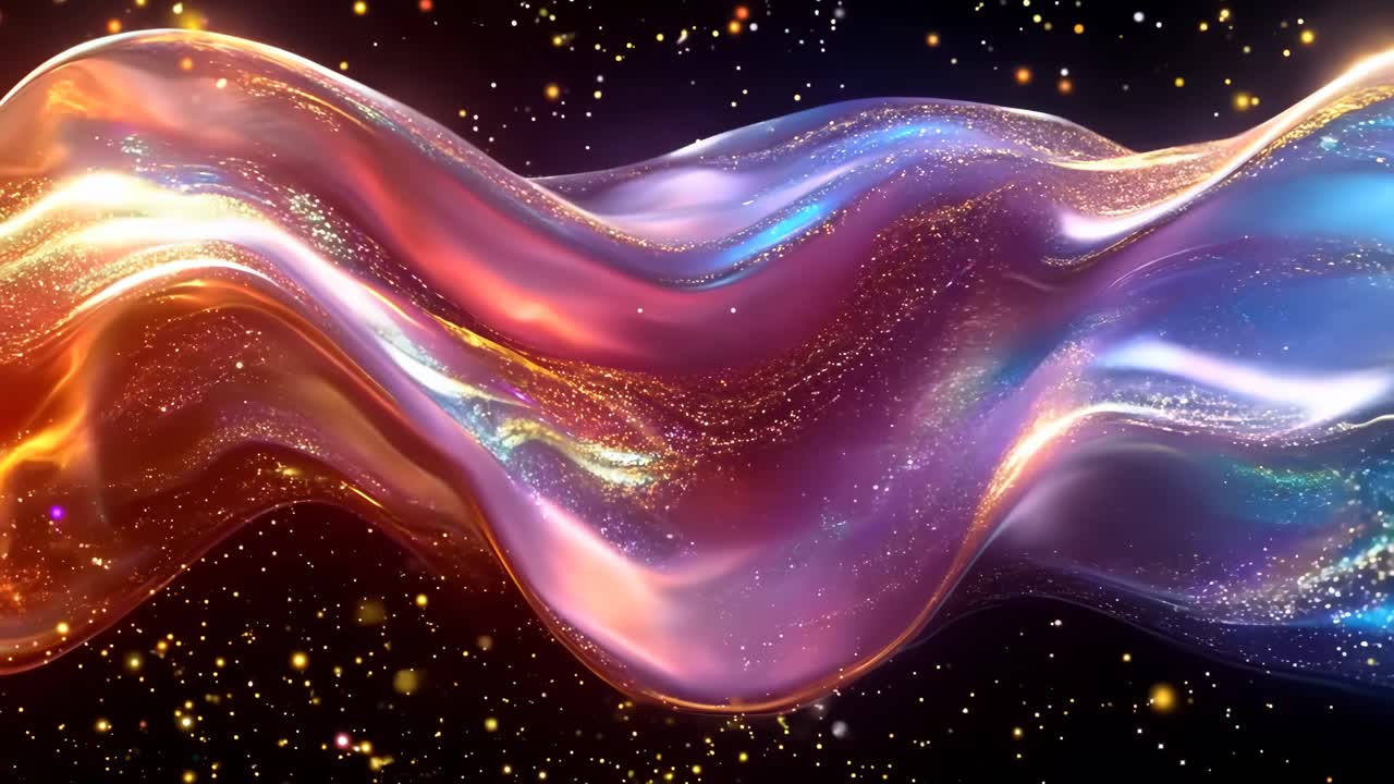 A colorful, flowing wave of liquid with a starry background. The colors are bright and vibrant, creating a sense of movement and energy. The stars in the background add a sense of depth