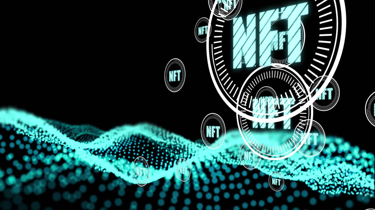 texto nft en múltiples escáneres redondos flotando contra la onda digital verde en fondo negro