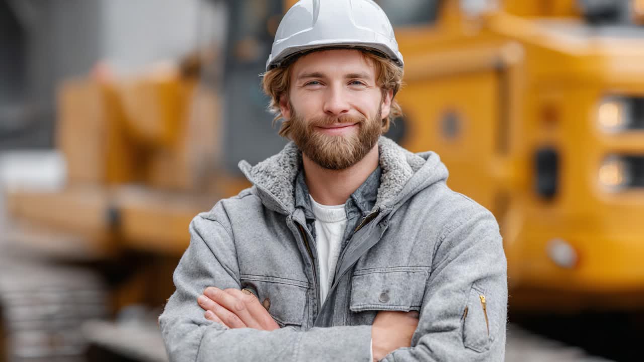 Confident Construction Worker with Helmet Smiling at Camera on Job Site, Showcasing Dedication and Professionalism in Safety Apparel and Machinery Background