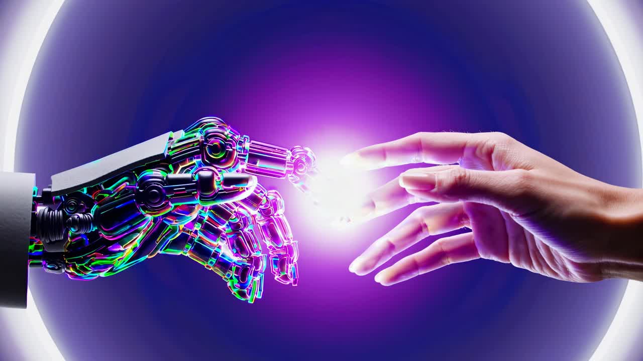 Un'inquadratura ravvicinata e laterale di una mano umana che si tende verso una mano robotica, a simboleggiare la connessione uomo-robot.