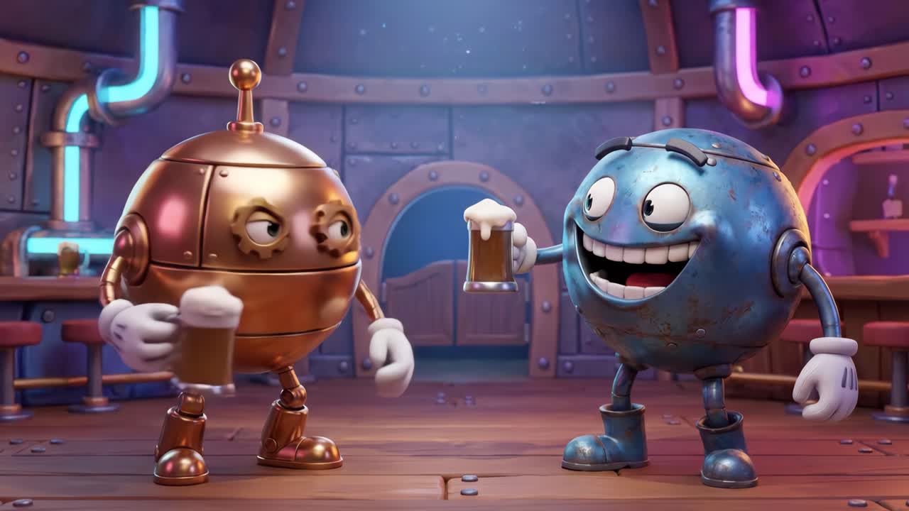 To tegneserieroboter som skåler med ølseidler i en steampunk-bar