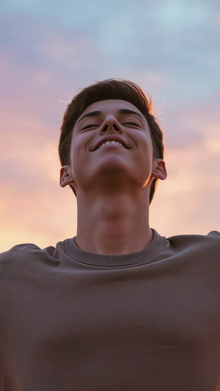 Vertical video: Tilting head back centered man holding arms at field, sun rising warming crewneck