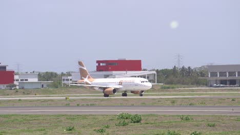 the atmosphere of the runway at yogyakarta international airport, a commercial super air jet aircraft is seen taking off.