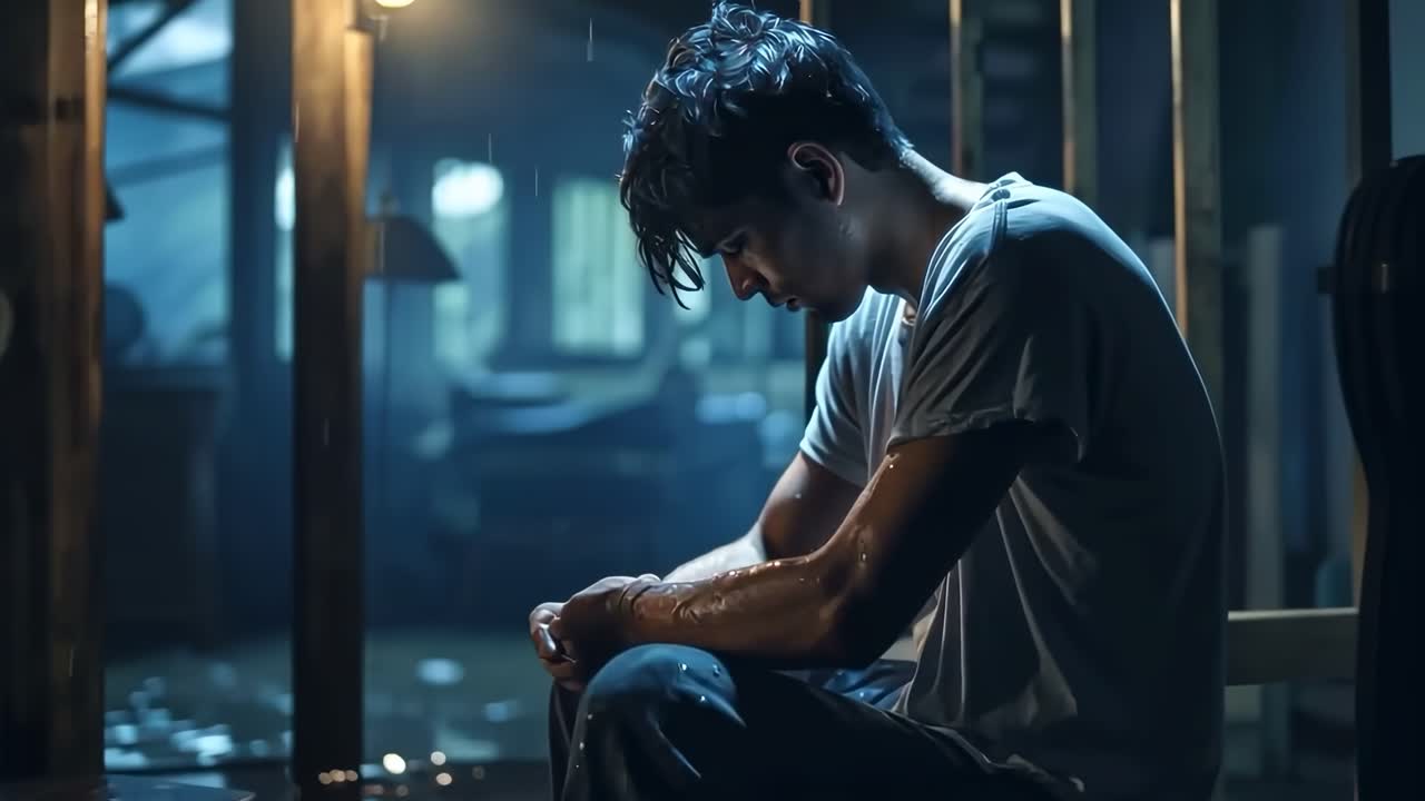 Moody video scene of a man sitting in a dimly lit room, captured from a side angle