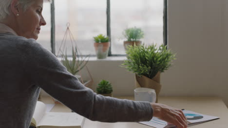 mujer de negocios madura escribiendo ideas creativas usando datos de gráficos para la empresa de inicio en un espacio de trabajo relajado en el hogar