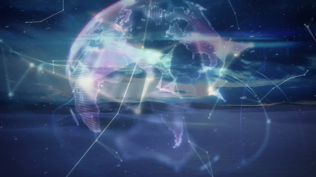 Wireframe digital globe being animated over dark plane, glowing network nodes, drifting particles