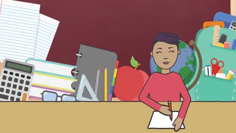 animación digital de una niña estudiando y múltiples iconos de concepto escolar contra un fondo rojo